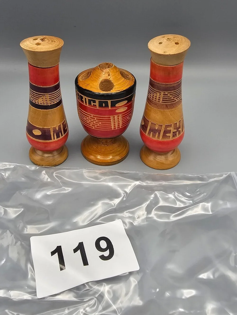 Vintage Handcrafted Wooden Salt and Pepper Shakers with Matching Holder